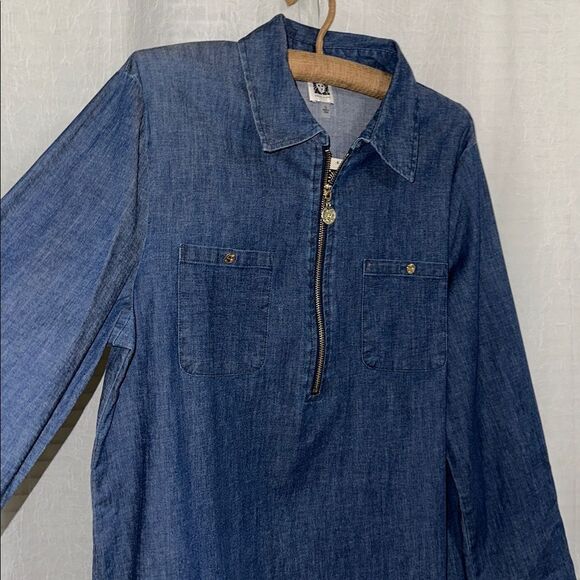 Anne Klein 12 Denim Blue Long Tab Roll up Sleeve Gold Tone Zip Front Dress - Picture 5 of 11